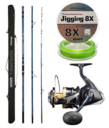 YekOutdoor Profesyonel Olta Seti Okuma Surfliner+ Surf 420cm 3 Parça Olta Kamışı&Shimano Makina Spheros 8000 SW A HG