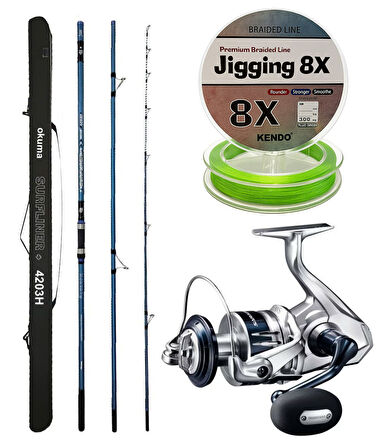 YekOutdoor Profesyonel Olta Seti Okuma Surfliner+ Surf 420cm 3 Parça Olta Kamışı&Shimano Makina Saragosa 8000 SW A HG