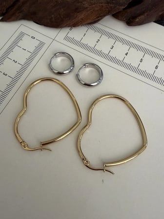 316 L Çerrahi Çelik 4 Lü Kalp Halka Küpe Seti Gol&Gümüş Renk Halka Küpe Çelik Küpe 10 mm