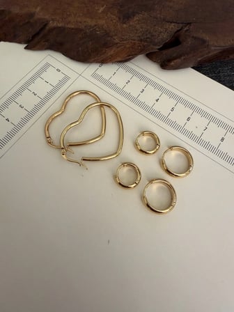 316 L Çerrahi Çelik 6 Lı Kalp Halka Küpe Seti Gold Renk Halka Küpe Çelik Küpe 8-10 mm