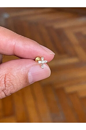 316 Cerrahi Çelik Tragus Helix Kıkırdak Conch Minimal Baget Taşlı Haç Piercing