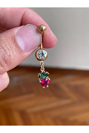 Cerrahi Çelik Piercing Taşlı Çilek Piercing Çilekli Göbek Piercingi