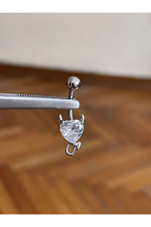 316 L Cerrahi Çelik Gümüş Şeytan Kalpli Şeffaf Taşlı Göbek Piercingi