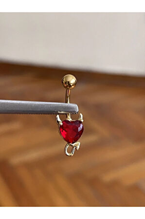 316 L Cerrahi Çelik Gold Şeytan Kalpli Kırmızı Taşlı Göbek Piercingi