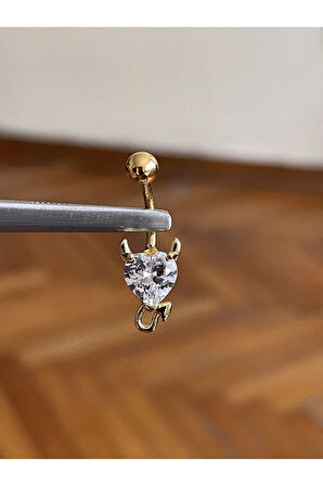 316 L Cerrahi Çelik Gold Şeytan Kalpli Şeffaf Taşlı Göbek Piercingi