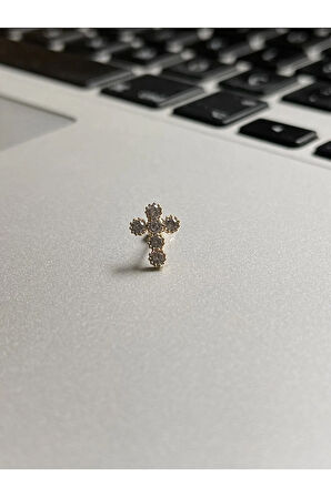 316 L Cerrahi Çelik Dudak Kıkırdak Helix Tragus Piercingi 6 Taşlı Haç Detaylı Piercing