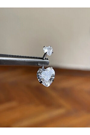 316 L Cerrahi Çelik Kalp Detaylı Göbek Piercingi Baget Taşlı Kalp