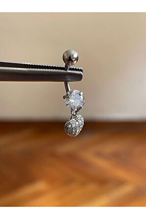 316 L Cerrahi Çelik Zirkon Taşlı Kalp Göbek Piercingİ Zirkon Taşlı Sallantılı Kalp Piercing