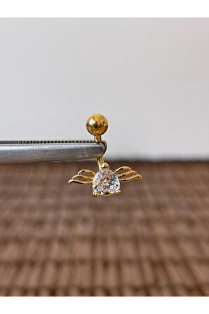 316 L Cerrahi Çelik Anti Alerjik 10 mm Zirkon Taşlı Melek Kanadı Göbek Piercingi