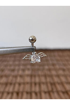 316 L Cerrahi Çelik Anti Alerjik 10 mm Zirkon Taşlı Melek Kanadı Göbek Piercingi