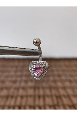 316 L Cerrahi Çelik Anti Alerjik 10 mm Pembe Baget Taşlı Kalp Model Göbek Piercingi