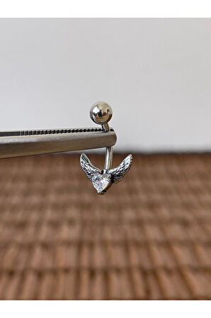 316 L Cerrahi Çelik Anti Alerjik 10 mm Zirkon Taşlı Melek Kanadı Göbek Piercingi Kanat Piercing