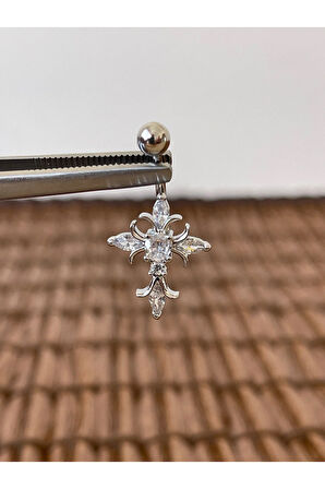 316 L Cerrahi Çelik Anti Alerjik 10 mm Baget Taşlı Haç Model Göbek Piercingi