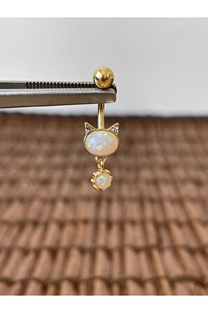 316 L Cerrahi Çelik Anti Alerjik 10 mm Opal Taşlı Sallantılı Kedi Model Göbek Piercingi Opal