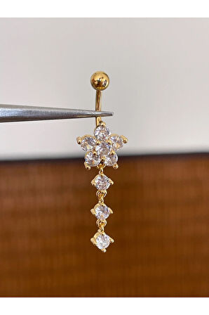 316 L Cerrahi Çelik Anti Alerjik 10 mm Kristal Taşlı Sallantılı Çiçek Model Göbek Piercingi Kristal