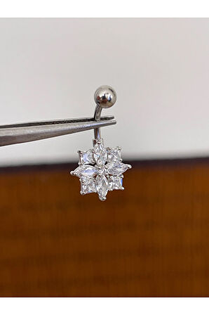 316 L Cerrahi Çelik Anti Alerjik 10 mm Baget Taşlı Çiçek Model Göbek Piercingi