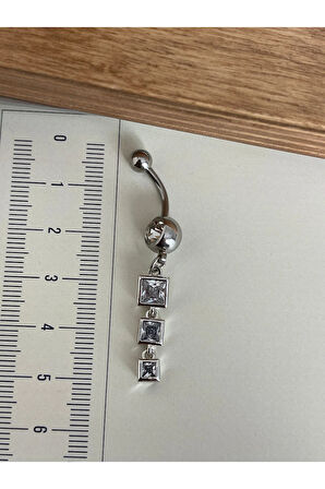 316 L Cerrahi Çelik Standart 10 mm Baget Taşlı Sallantılı Kare Model Göbek Piercingi