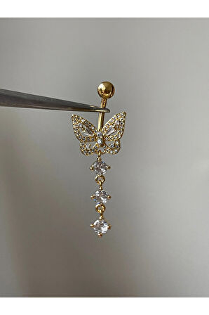 316 L Cerrahi Çelik Kelebek Göbek Piercingi Zirkon Taşlı Sallantılı Göbek Piercingi