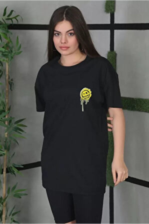 Unisex Bisiklet Yaka Baskılı Oversize T-Shirt - Siyah