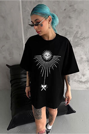 Unisex Bisiklet Yaka Baskılı Oversize T-Shirt - Siyah