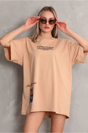 Unisex Bisiklet Yaka Baskılı Oversize T-Shirt - Bej