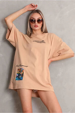 Unisex Bisiklet Yaka Baskılı Oversize T-Shirt - Bej