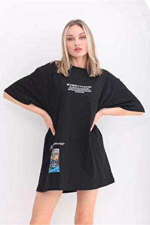 Unisex Bisiklet Yaka Baskılı Oversize T-Shirt - Siyah