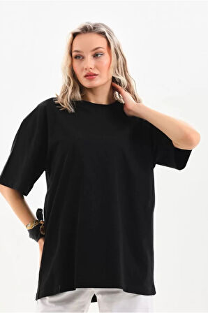 Unisex Bisiklet Yaka 20/1 Düz Oversize T-Shirt - Siyah