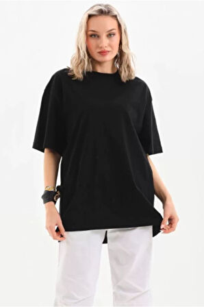 Unisex Bisiklet Yaka 20/1 Düz Oversize T-Shirt - Siyah