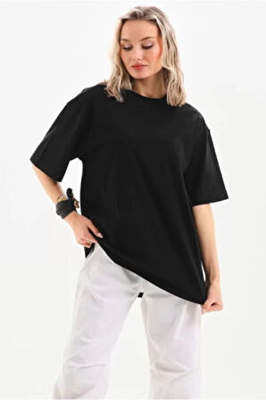 Unisex Bisiklet Yaka 20/1 Düz Oversize T-Shirt - Siyah