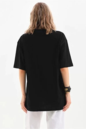 Unisex Bisiklet Yaka 20/1 Düz Oversize T-Shirt - Siyah