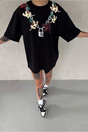 Unisex Bisiklet Yaka Baskılı Oversize T-Shirt - Siyah