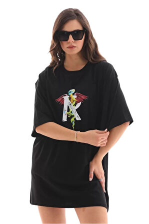 Unisex Bisiklet Yaka Baskılı Oversize T-Shirt - Siyah