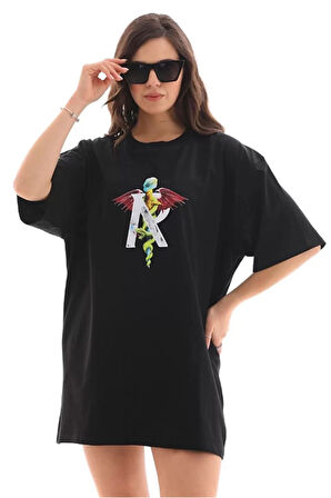 Unisex Bisiklet Yaka Baskılı Oversize T-Shirt - Siyah