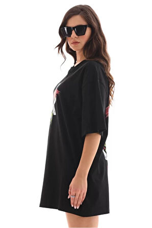 Unisex Bisiklet Yaka Baskılı Oversize T-Shirt - Siyah