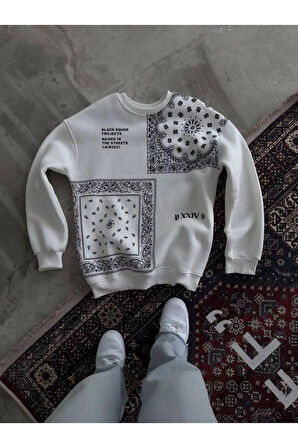 Desenli Üç İplik Bisiklet Yaka Oversize SweatShirt - Beyaz