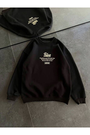 Kışlık Bisiklet Yaka Ön Ve Arka Baskılı SweatShirt - Siyah