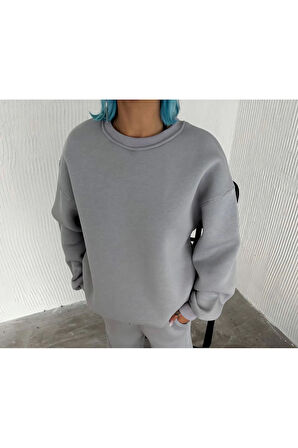 Kışlık Bisiklet Yaka Üç İplik Basic SweatShirt - Gri