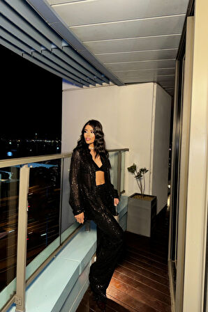 PUL PAYET 3 LÜ TAKIM - CEKET-BÜSTİYER-PANTOLON - Siyah