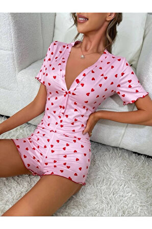 Kadın Göğüs Dekolteli Pinterest Kalp Desen Full Likralı şort Tulum