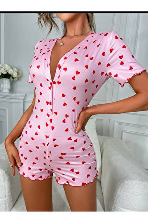 Kadın Göğüs Dekolteli Pinterest Kalp Desen Full Likralı şort Tulum