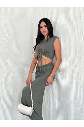 Osy Modal Yumuşak Dokulu Kumaş Büzgülü Crop Etek Takım - Mint Yeşili