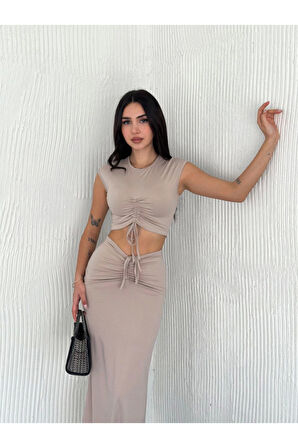 Osy Modal Yumuşak Dokulu Kumaş Büzgülü Crop Etek Takım -Bej