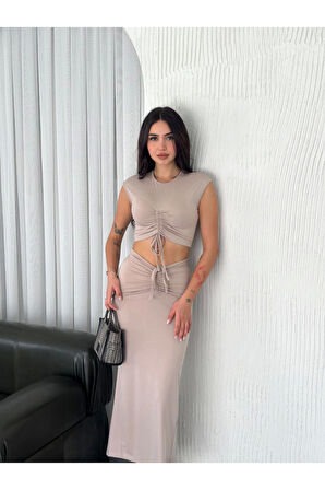 Osy Modal Yumuşak Dokulu Kumaş Büzgülü Crop Etek Takım -Bej