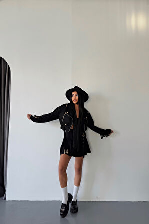 SÜET CROP CEKET KOL 3 KEMER DETAYLI - Siyah