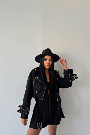 SÜET CROP CEKET KOL 3 KEMER DETAYLI - Siyah