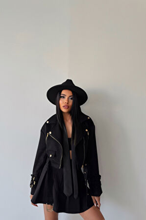 SÜET CROP CEKET KOL 3 KEMER DETAYLI - Siyah