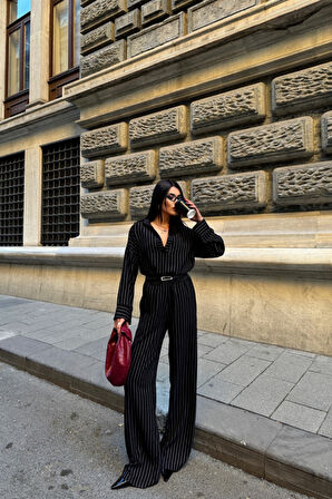 ÇİZGİLİ BLUZ  - PANTOLON TAKIM - Siyah