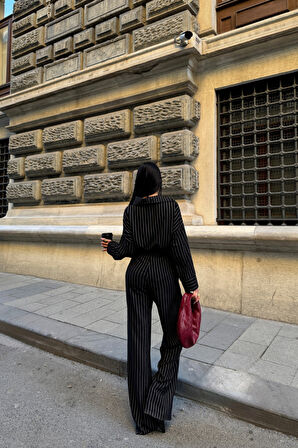 ÇİZGİLİ BLUZ  - PANTOLON TAKIM - Siyah