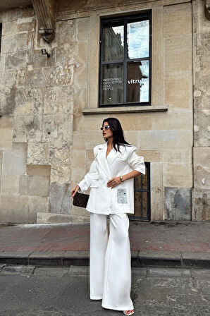 TASARIM ETİKET DETAYLI CEKET - PANTOLON TAKIM - Beyaz